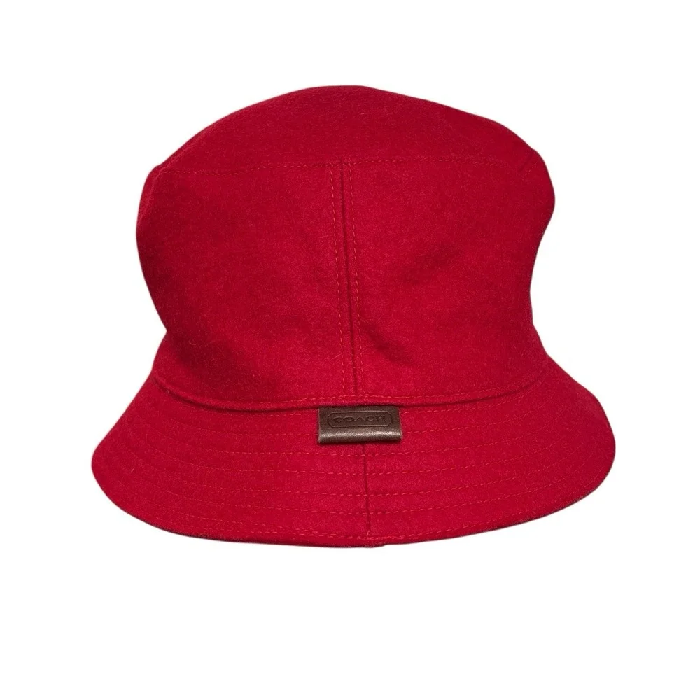 COACH‎ Red Wool Bucket HAT W/ Leather Logo. Lined Sz P/S  EUC